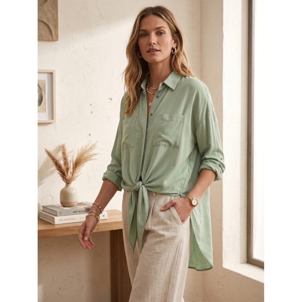 Maeve by Anthropologie Sage Green Viscose Button Down Shirt Small Pocket Tunic
